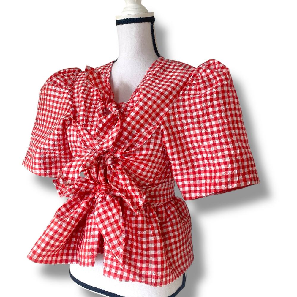 Ganni Crinkled Taffeta Check Tie Strap Blouse Sz M Red White Crop Puff Sleeve